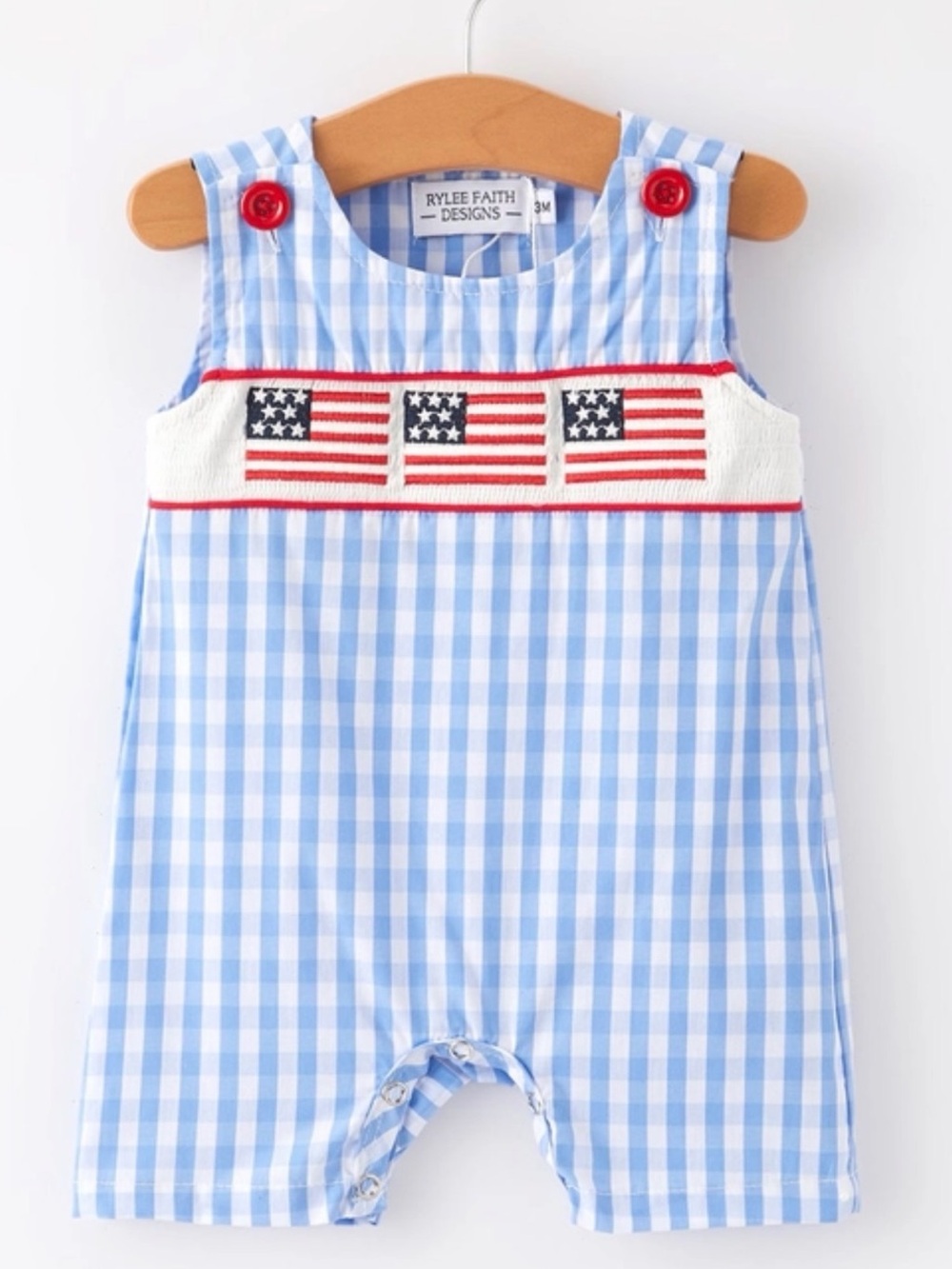 Rylee Faith Designs Blue Gingham Jon Jon with Flag Smocking